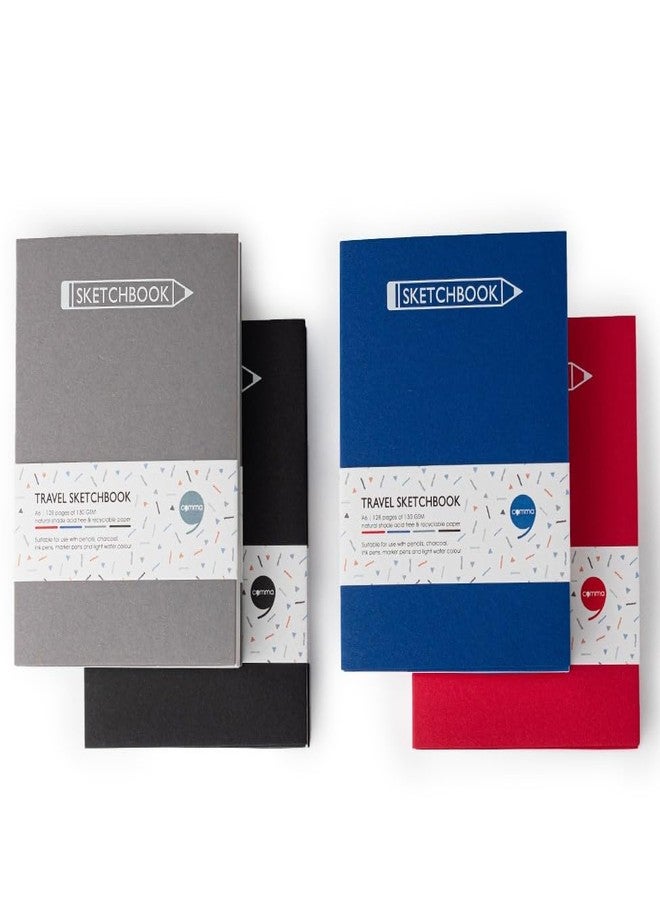 كوما دفتر رسم كوما للسفر | مقاس A6 | 128 صفحة | 130 غرام/م²، لون طبيعي، ورق خالٍ من الأحماض وقابل لإعادة التدوير | عبوة من 4 دفاتر | أسود + أزرق + رمادي + أحمر - Image 1